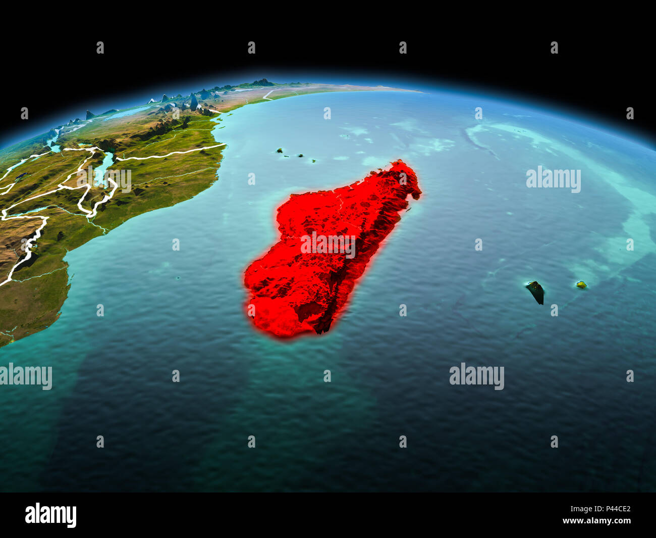 Morgen über Madagaskar in Rot hervorgehoben auf dem Modell des Planeten Erde im Weltraum mit sichtbaren Rand Linien und die Lichter der Stadt. 3D-Darstellung. Elemente der Stockfoto