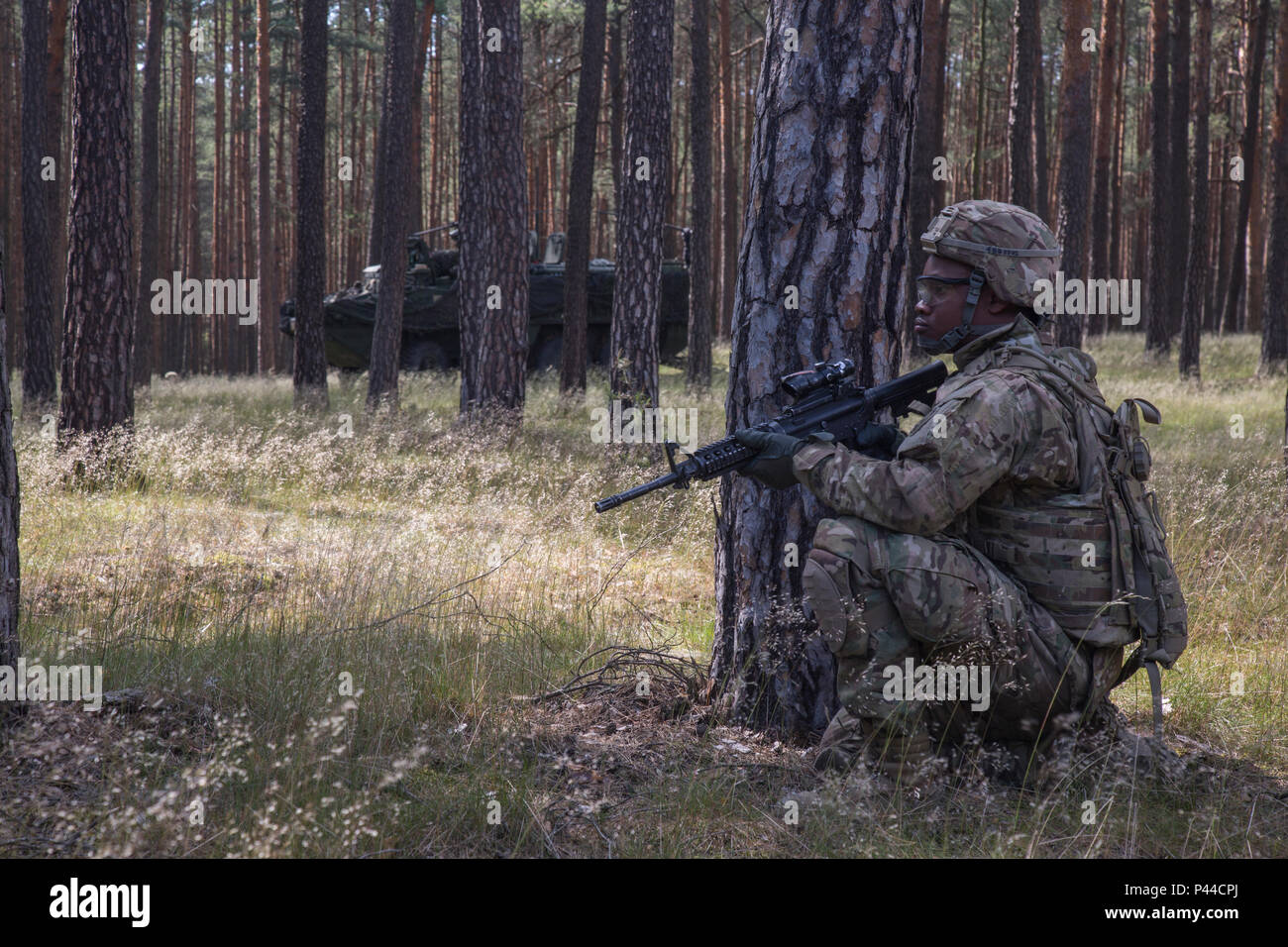 Us-Armee SPC. Brandon Berry 4 Geschwader zugewiesen sind, 2.Kavallerie Regiments während Dragoner reiten II, zieht Guard außerhalb seiner Stryker gepanzerten Fahrzeug in einen Konvoi von Orzysz zu Suwalk, Polen nach River Crossing Operationen auf der Weichsel in der Nähe von Chelmo, Polen, 8. Juni 2016. Dragoner reiten II, ist die 2.200 Kilometer lange Konvoi nach Estland in Vorbereitung auf die Übung Sabre Streik 16, ein US Army Europe - LED-kooperative Ausbildung Übung entwickelt gemeinsame Interoperabilität multinationaler Blindbewerbungen zu unterstützen, zu verbessern. (U.S. Armee video von Staff Sgt. Ricardo HernandezArocho/ Stockfoto