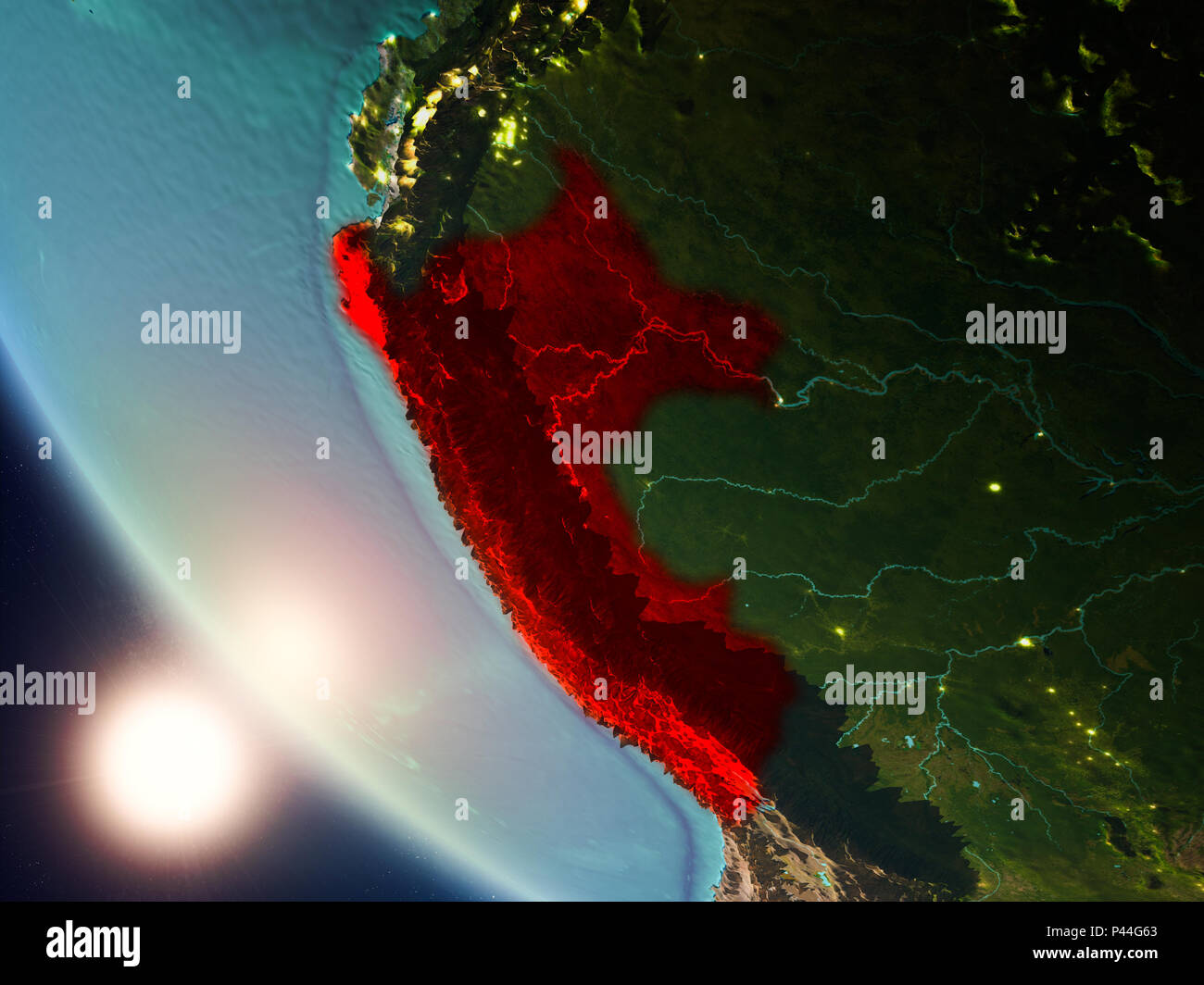 Satellitenansicht von Peru in Rot hervorgehoben auf dem Planeten Erde mit sichtbaren Grenzen während des Sonnenuntergangs. 3D-Darstellung. Elemente dieses Bild furnishe Stockfoto