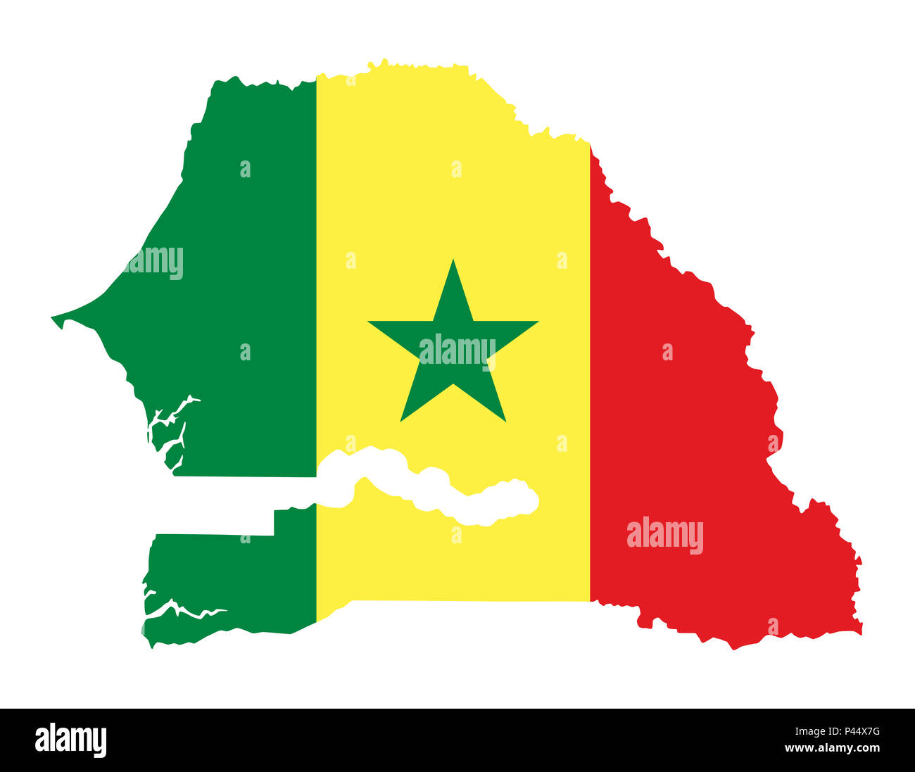 Flagge Senegal im Land Silhouette. Trikolore von drei vertikalen grünen, gelben und roten Bänder mit einem grünen Stern. Republik und Land in Westafrika. Stockfoto