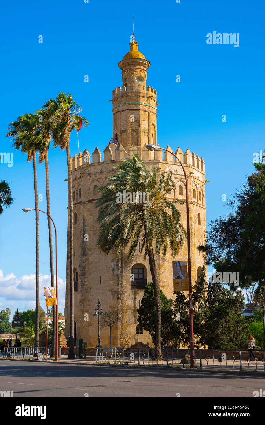 Torre del Oro in Sevilla, Blick auf den Maurischen Turm Torre del Oro (Gold) in der Altstadt von Sevilla (Sevilla), Andalusien, Spanien. Stockfoto