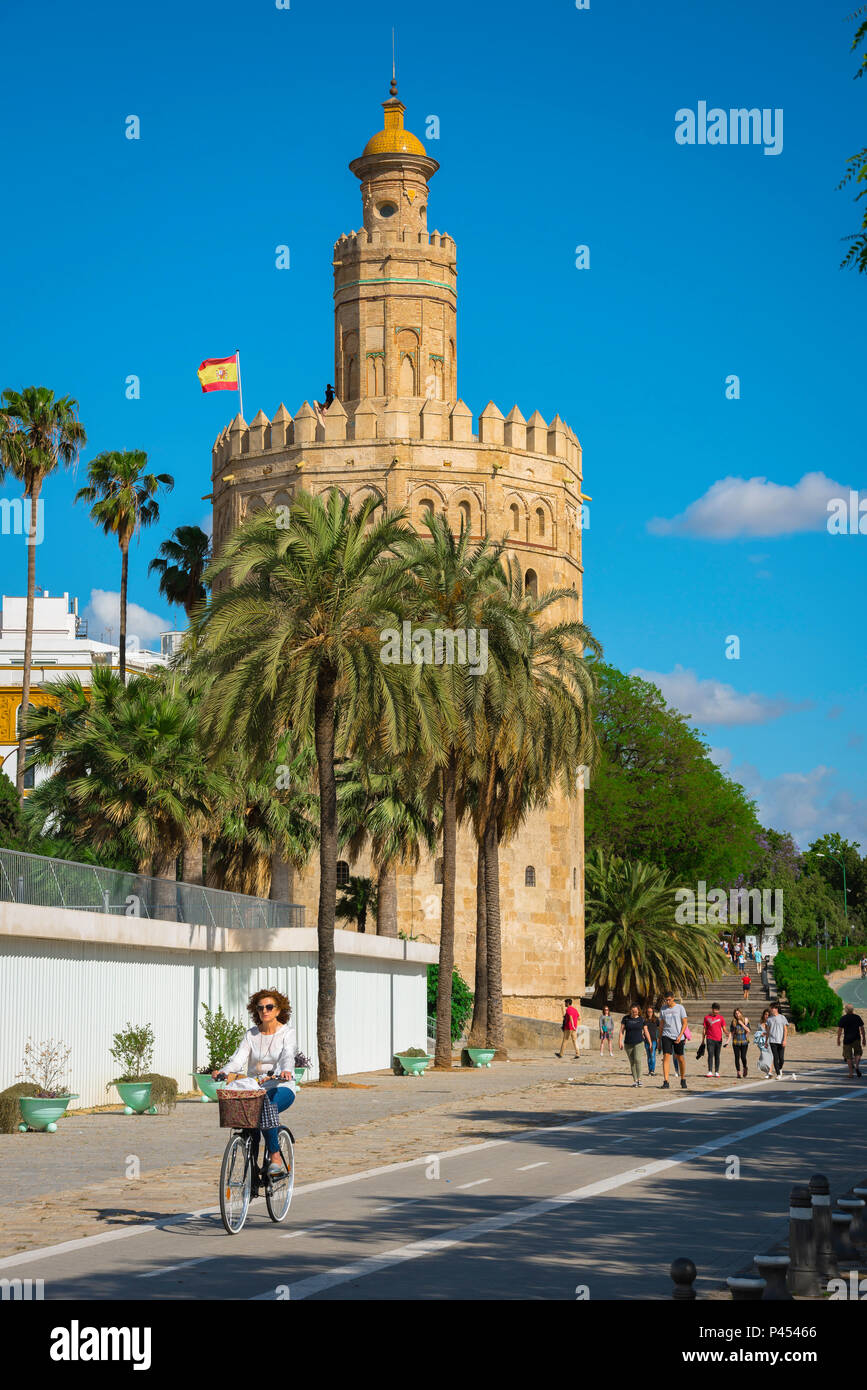 Sevilla Torre del Oro, Blick auf den Maurischen Turm Torre del Oro (Gold) in der Altstadt von Sevilla (Sevilla), Andalusien, Spanien. Stockfoto