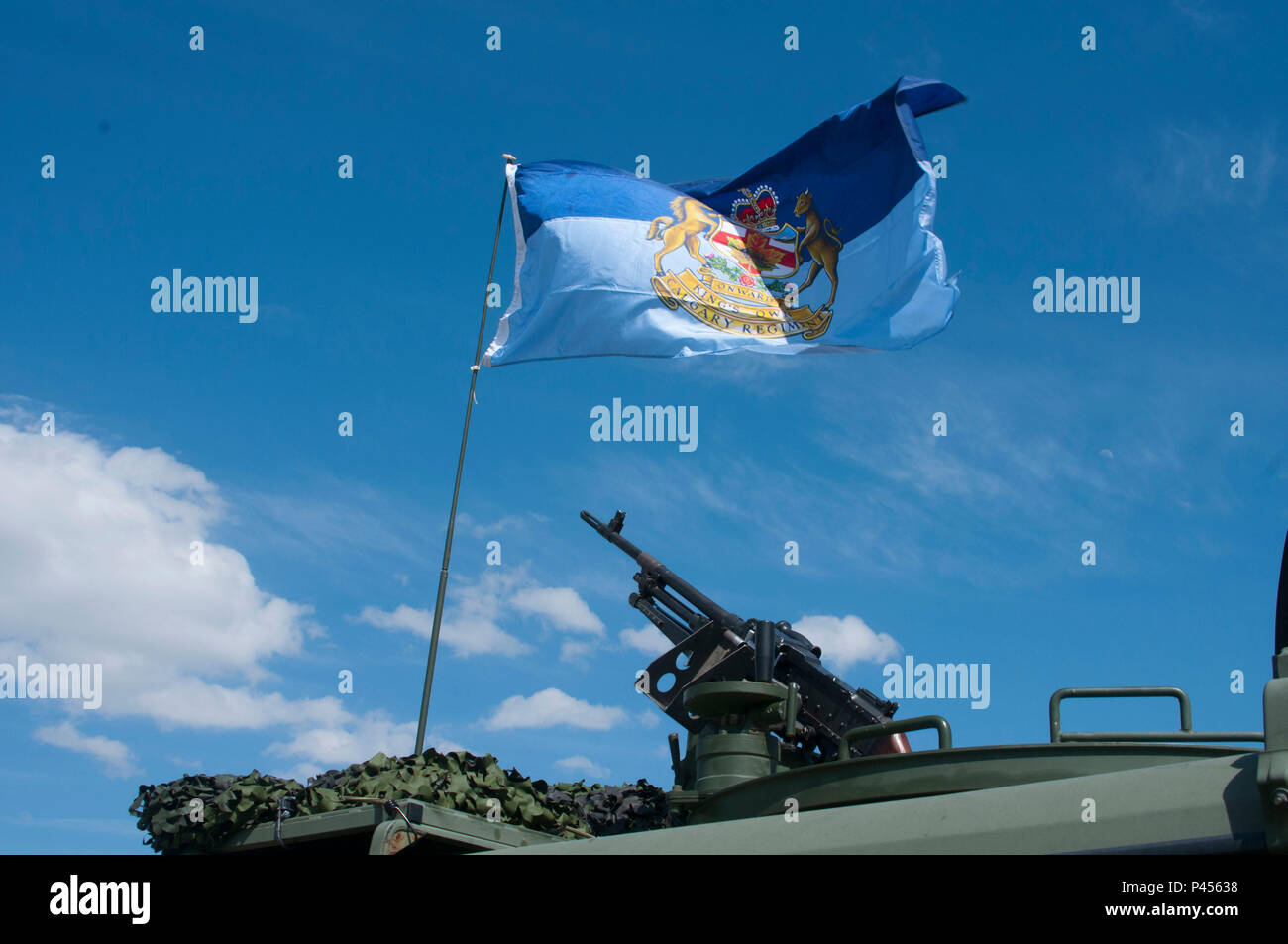 Kanadische Soldaten des Königs eigenen Calgary Regiment, Kanadische Armee, Anzeige ihre Fahne während der Goldenen Coyote am Vorwärts Operating Base Custer, S.D., 12. Juni 2016. Die goldenen Coyote Übung ist eine dreiphasige, Szenario-driven Übung in den Black Hills von South Dakota und Wyoming, mit dem Kommandanten auf der Mission wesentliche Anforderungen der Aufgabe, Krieger Aufgaben und Übungen zu konzentrieren. (U.S. Armee Foto von SPC. Robert West/Freigegeben) Stockfoto