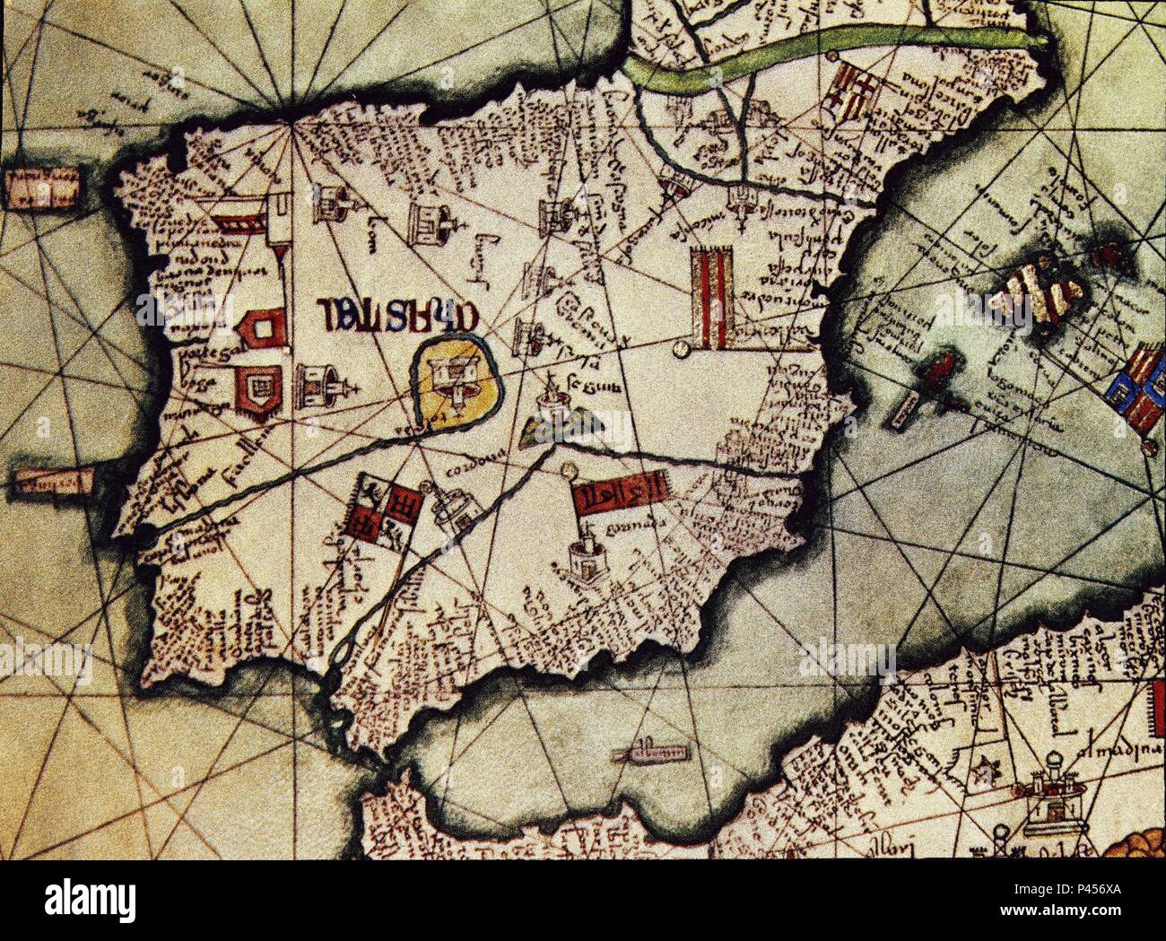 ATLAS KATALANISCH - MAPA DE ESPAÑA - año 1375. Autor: Abraham Cresques (1325-1387). Ort: ZENTRALBIBLIOTHEK, Frankreich. Stockfoto