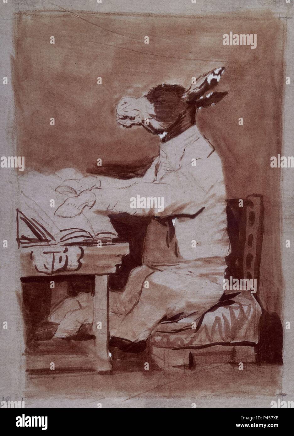 EL ASNO LECTOR-DIBUJO PREPARATORIO PARA EL CAPRICHO 39 HASTA SU ABUELO - Siglo XVIII. Autor: Francisco de Goya (1746-1828). Lage: Museo del Prado - DIBUJOS, MADRID, SPANIEN. Stockfoto