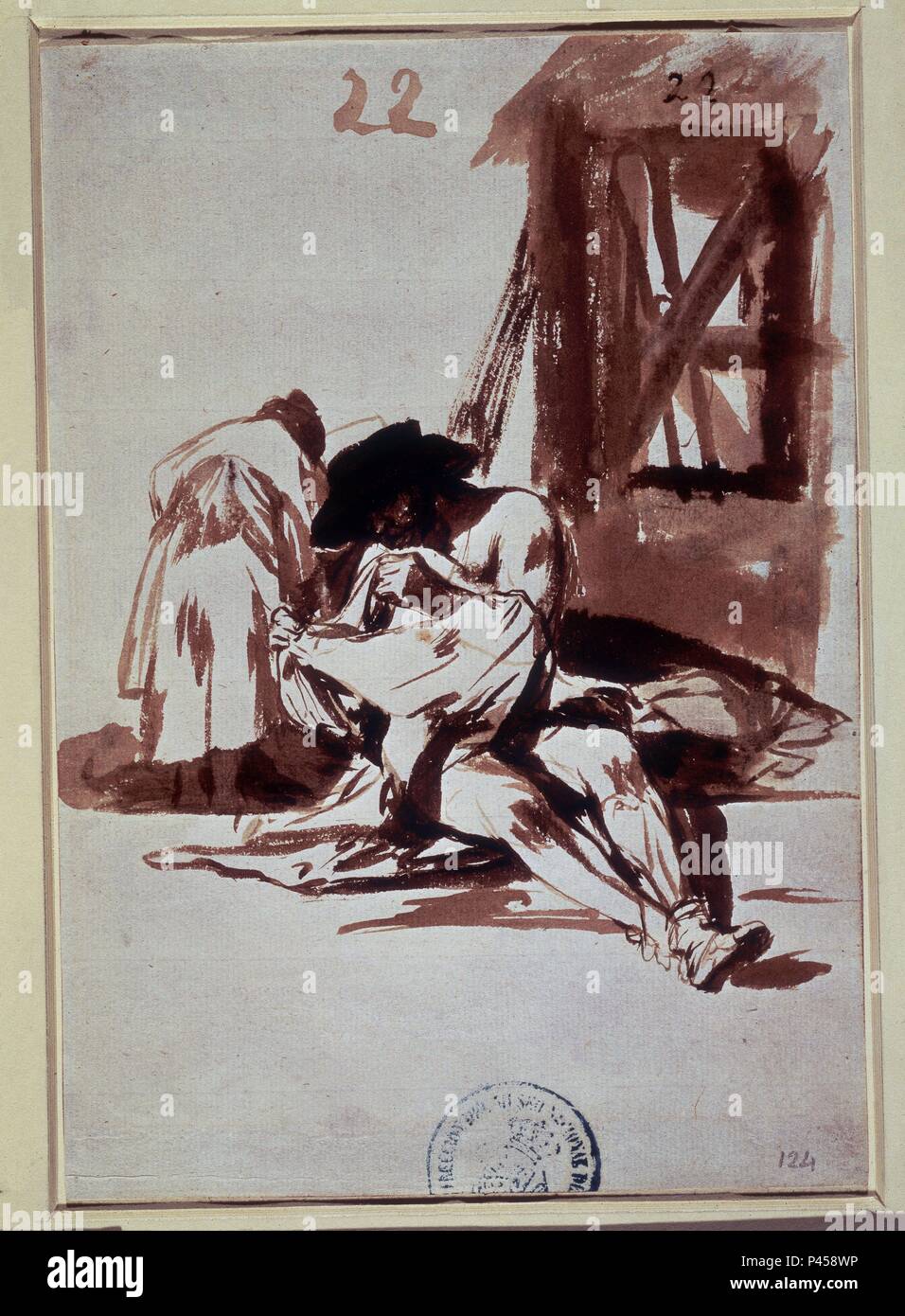 POBREZA - ALBUM F, 22 (1812-1823) - AGUADA - SEPIA - 205 x 146 mm. Autor: Francisco de Goya (1746-1828). Lage: Museo del Prado - DIBUJOS, MADRID, SPANIEN. Stockfoto