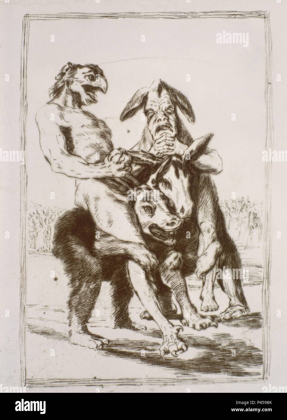 Vorbereitung der Zeichnung sehen Sie, wie ernst Sie sind!, Platte 63 der 'Los Caprichos' - 18. Autor: Francisco de Goya (1746-1828). Lage: Museo del Prado - DIBUJOS, MADRID, SPANIEN. Auch als: DIBUJO PREPARATORIO PARA EL CAPRICHO 63 - MIREN QUE GRABES! bekannt. Stockfoto