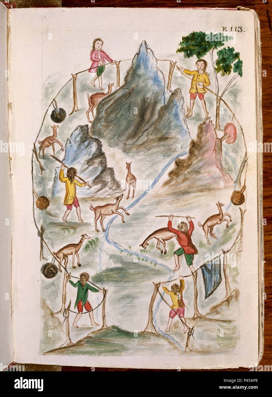 CODICE TRUJILLO DEL PERU - TOMO II E 113 - CHACO DE VICUÑAS (CACERIA DE ESTE MAMIFERO) - ACUARELA - Siglo XVIII. Autor: Baltasar Jaime Martínez Compañón (1737-1797). Lage: PALACIO REAL - BIBLIOTECA, MADRID, SPANIEN. Stockfoto