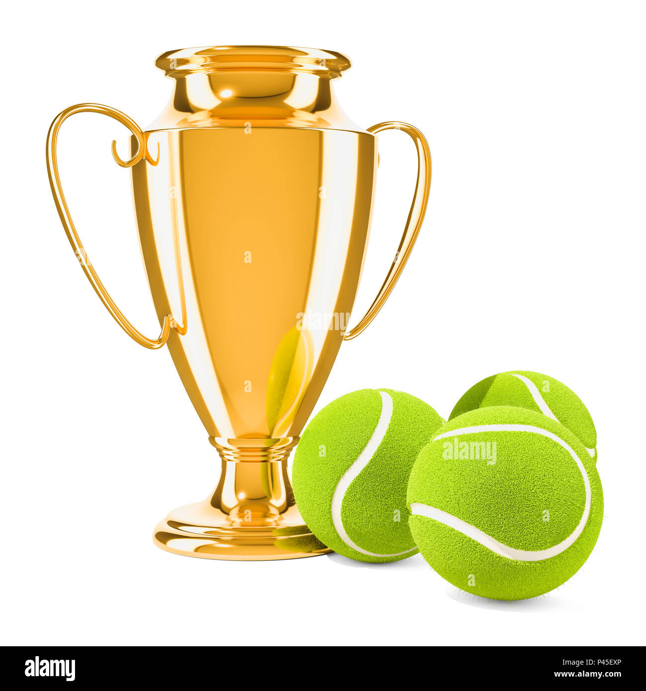 Gold Trophäe cup Award mit Tennisbällen, 3D-Rendering auf weißem Hintergrund Stockfoto