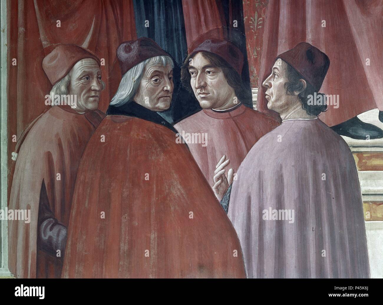 DELTALLE DE LA ANUNCIACION DE ZACARIAS - ANGELO AMBROGINI (POLIZIANO), MARSILIO FICINO Y LANDINO - SIGLO XV. Autor: Domenico Ghirlandaio (1449-1494). Lage: BASILICA DE SANTA MARIA NOVELLA, Florenz, Italien. Stockfoto