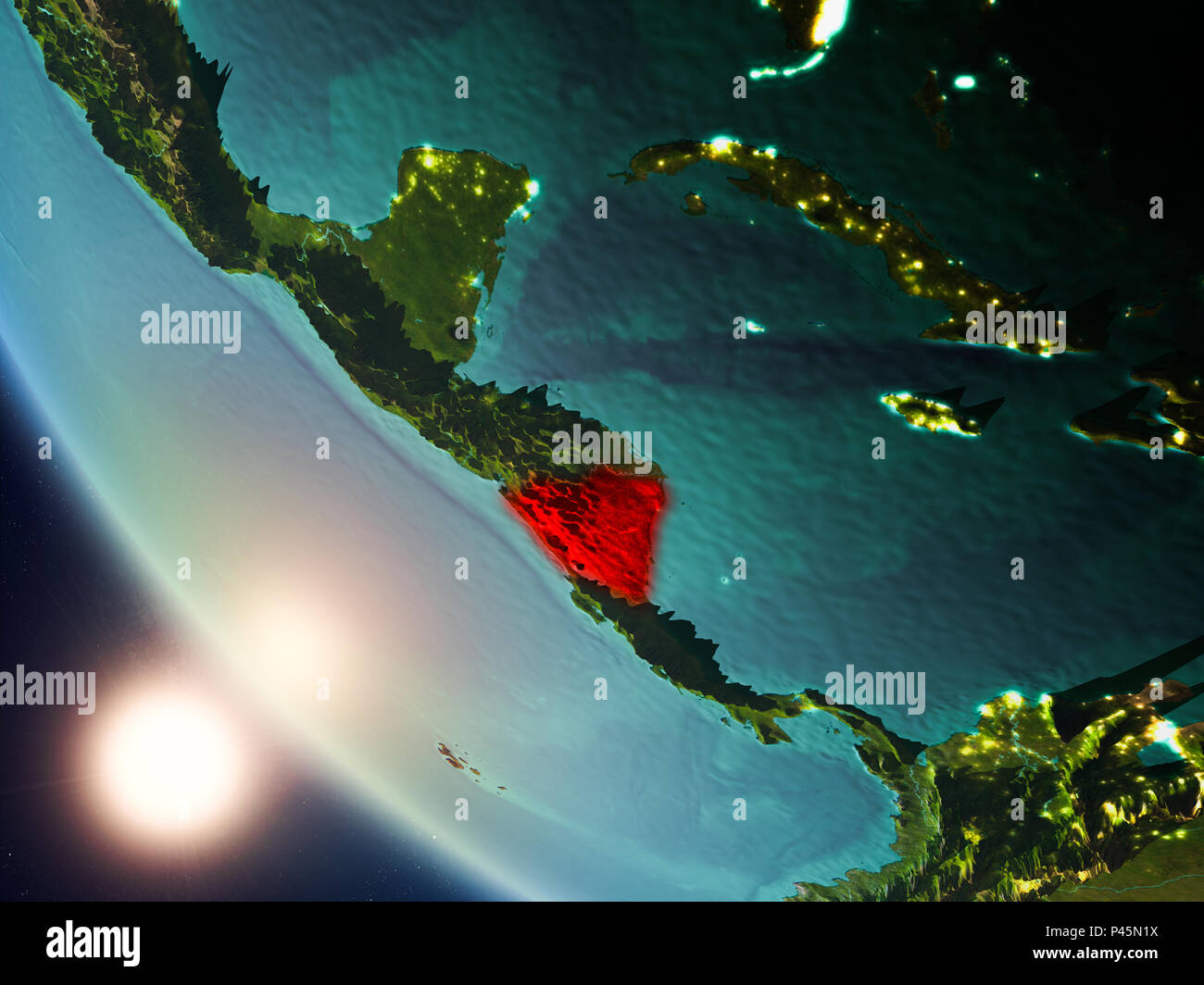 Satellitenansicht von Nicaragua in Rot hervorgehoben auf dem Planeten Erde mit sichtbaren Grenzen während des Sonnenuntergangs. 3D-Darstellung. Elemente dieses Bild Fell Stockfoto