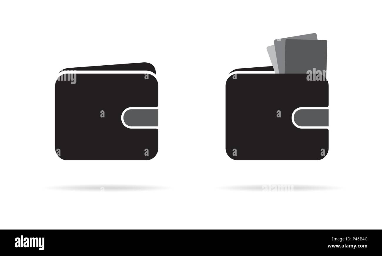 Satz von wallet Symbole mit Banknoten oder Kreditkarten mit Schatten, auf weißem Hintergrund-Vektor Stock Vektor