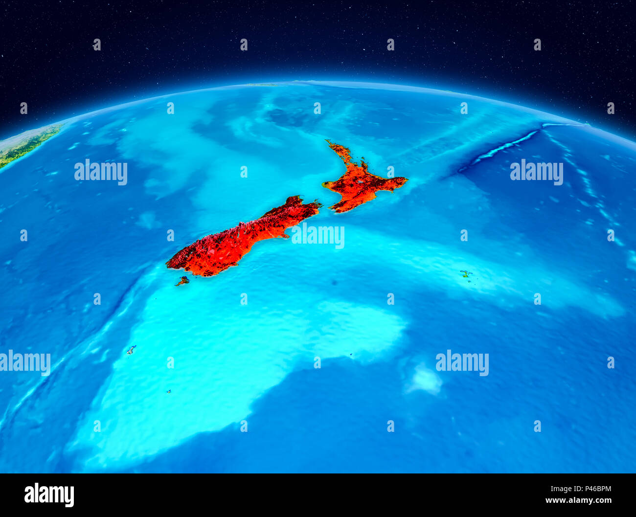 Satellitenansicht von Neuseeland in Rot hervorgehoben auf dem Planeten Erde. 3D-Darstellung. Elemente dieses Bild von der NASA eingerichtet. Stockfoto