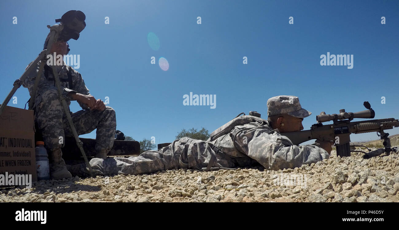 Soldaten von 1-294 th Infanterie Regiment conduct Sniper training Juni 13, 2016 im Camp Roberts, Kalifornien. 1-294 th Infanterie Regiment wird die Teilnahme an Exportierbar Kampftraining Fähigkeit im Camp Roberts. XCTC Züge der Feuerwehr - sortierte Elemente in Infanterie Taktik für die Bereitstellung. Die Ausbildung beinhaltet auch eine Sitzung für Kommandanten die Ausbildung Mängel, für ihre Einheiten zu bewerten. Stockfoto