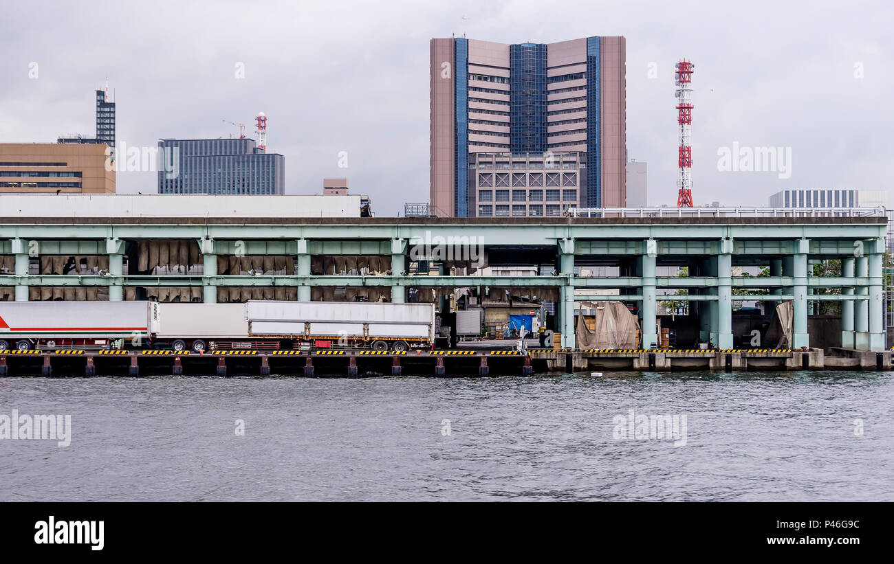 Blick auf den berühmten Tsukiji Fischmarkt in der Chuo Distrikt von Tokio, Japan, von der Sumida Fluss gesehen Stockfoto Blick auf den berühmten Tsukiji Fischmarkt in der Chuo Distrikt von Tokio, Japan, von der Sumida Fluss gesehen Stockfoto