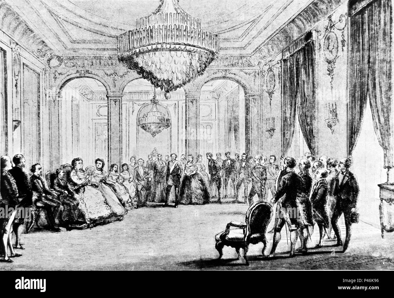 ABDICACION de Isabel II EL 25 DE OCT DE 1870 EN EL PALACIO DE CASTILLA DE PARIS - GRABADO SIGLO XIX. Stockfoto