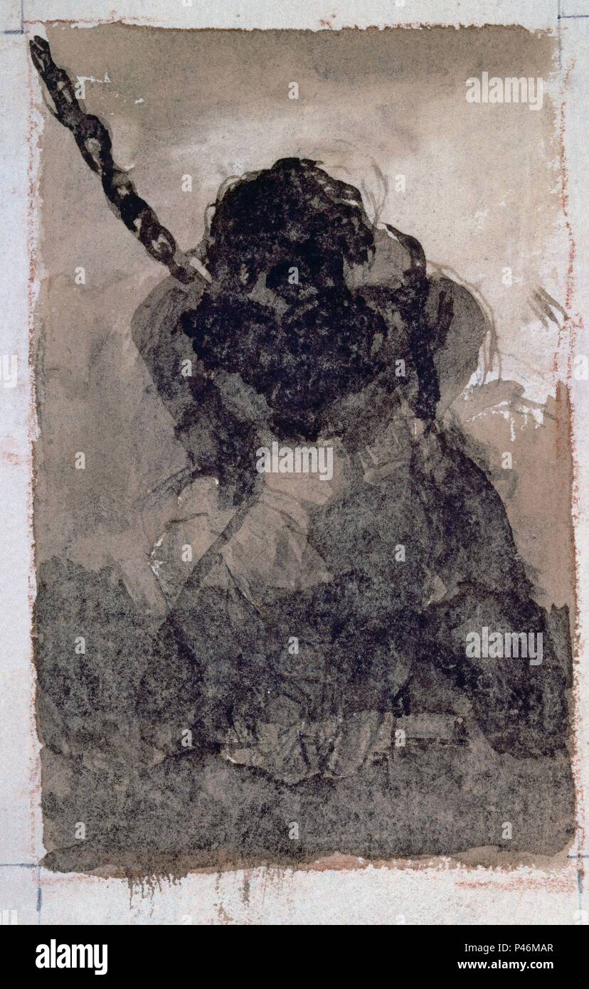 PRISIONERO - DIBUJO PARA UN AGUAFUERTE - AGUADA DE TINTA SEPIA - SIGLO XIX. Autor: Francisco de Goya (1746-1828). Lage: Museo del Prado - DIBUJOS, MADRID, SPANIEN. Stockfoto