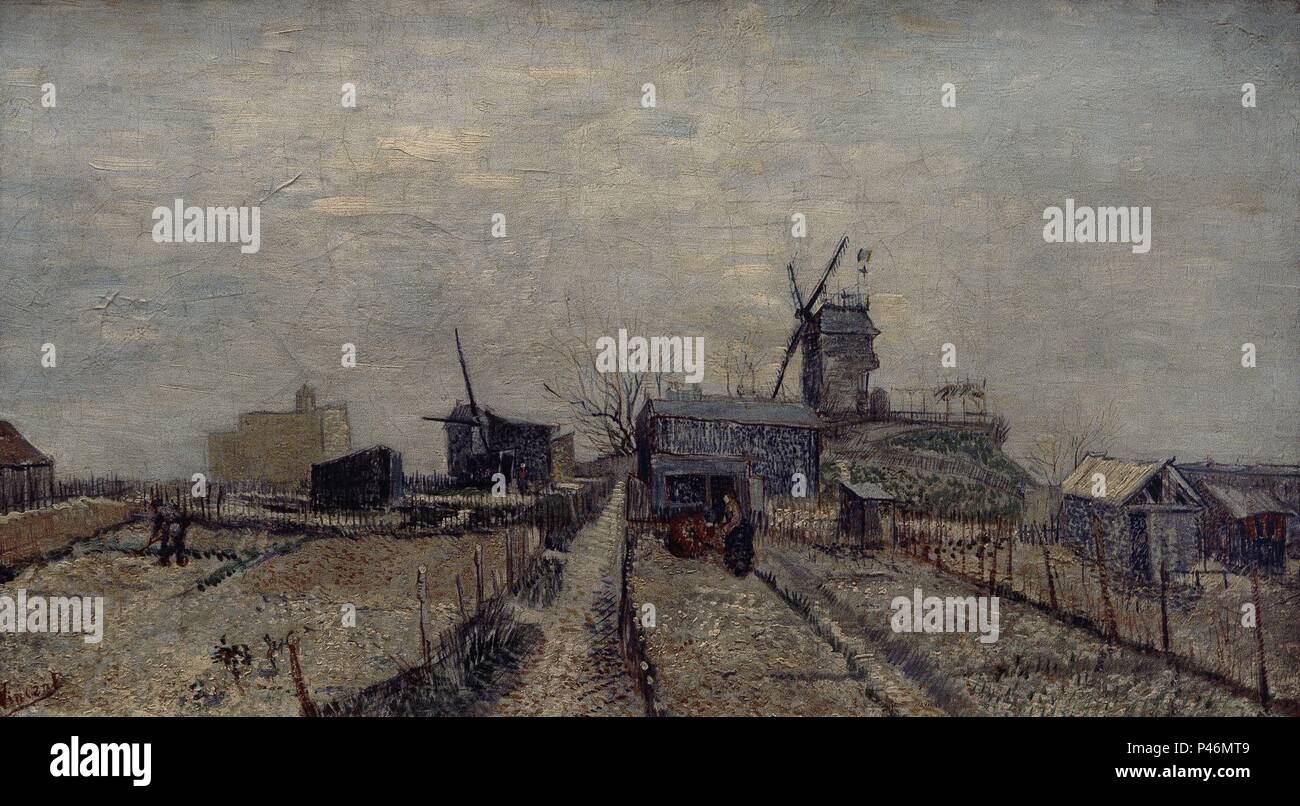 HUERTAS EN MONTMARTRE - FEB/Marzo 1887 - O/L 44,8 X 81 CM. Autor: Vincent van Gogh (1853-1890). Ort: Van Gogh Museum, Amsterdam, HOLANDA. Stockfoto