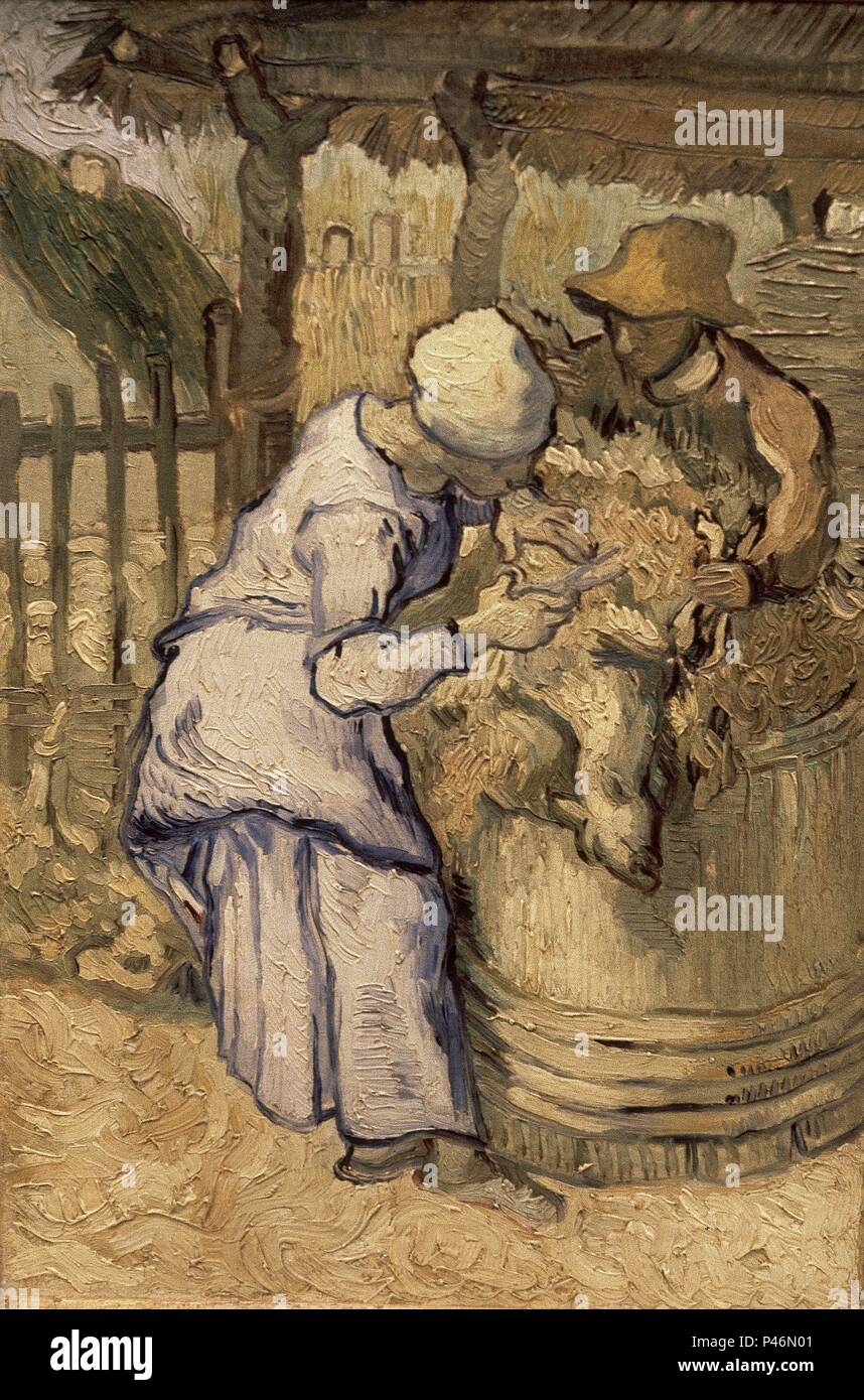 Niederländische Schule. Die Sheep-Shearers (nach Hirse). 1889. Öl auf Leinwand (43,5 x 29,5 cm). Amsterdam, Van Gogh Museum. Autor: Vincent van Gogh (1853-1890). Ort: Van Gogh Museum, Amsterdam, HOLANDA. Stockfoto