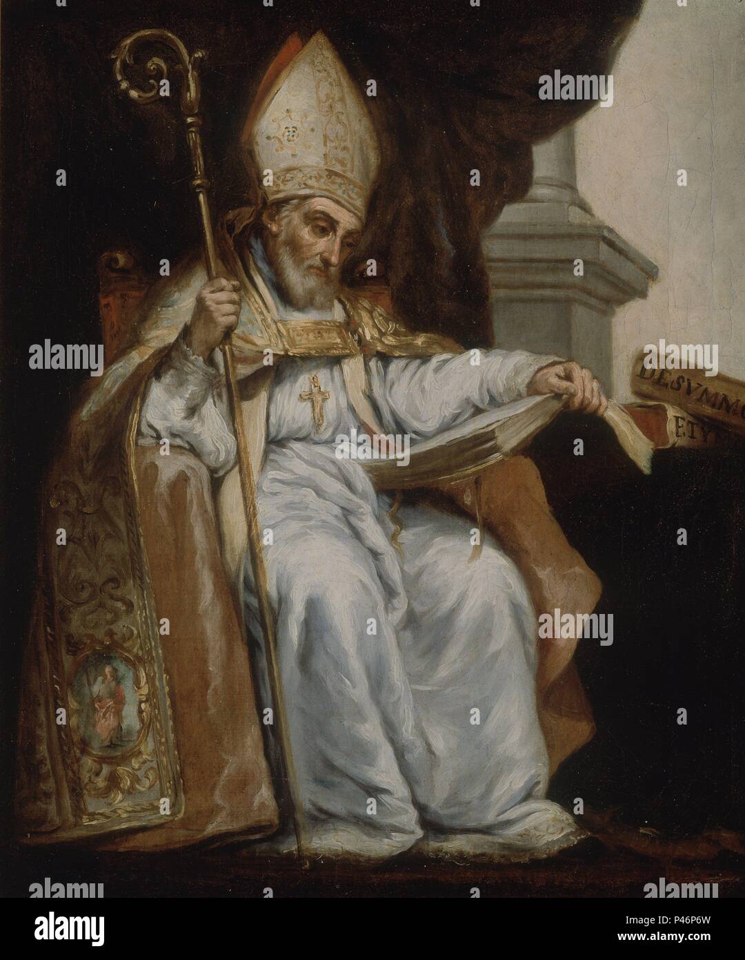 'Saint Isidore', 1767-1800, Öl auf Leinwand, 45 x 38 cm, CE 0187. Thema: ESCUELA SEVILLANA. Lage: MUSEO ROMANTICO - PINTURA, MADRID, SPANIEN. Stockfoto