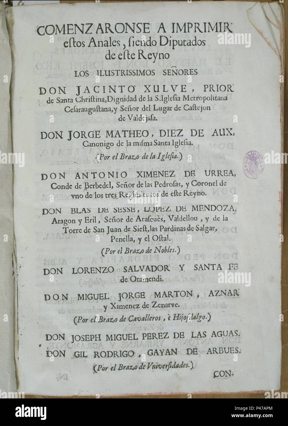 ANALES DEL REINO DE ARAGON - CONTINUACION DE LOS DE ZURIT. Lage: Biblioteca Nacional - COLECCION, MADRID, SPANIEN. Stockfoto