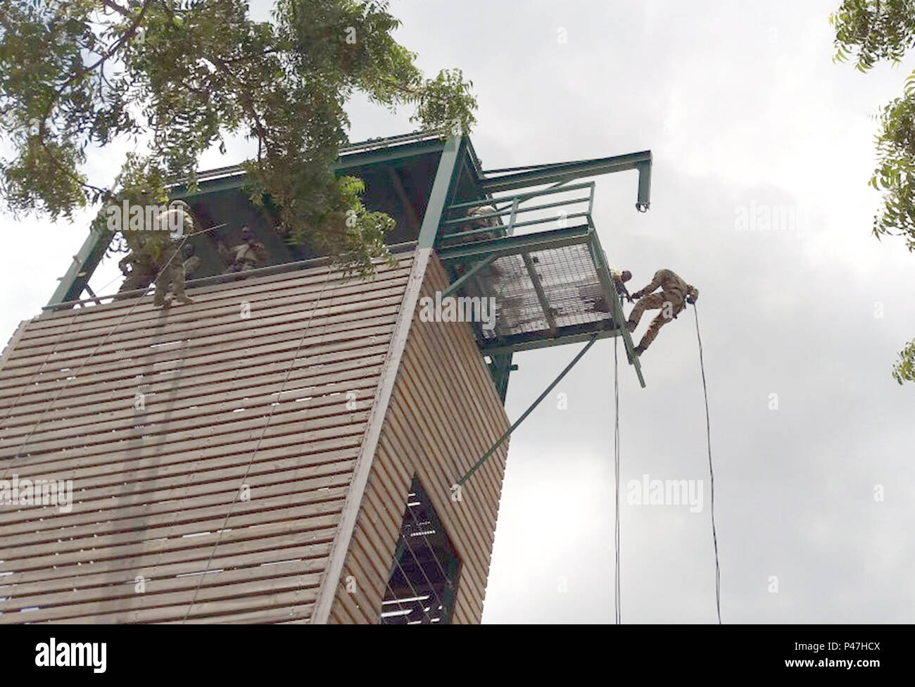 Partner Nation servicemember rappels aus einer Ausbildung Turm im Jamaica Defence Forces Hauptsitz in Kingston, Mittwoch, 22. Juni während der Übung Tradewinds 2016. Tradewinds ist ein US Southern Command - geförderte Übung durch Jamaika gehostet und umfasst 17 Partner Nationen, die in der Ausbildung tätig sind Fähigkeiten, der Partnerschaft und der Zusammenarbeit im Bereich der Sicherheit in der gesamten Region zu verbessern. Stockfoto