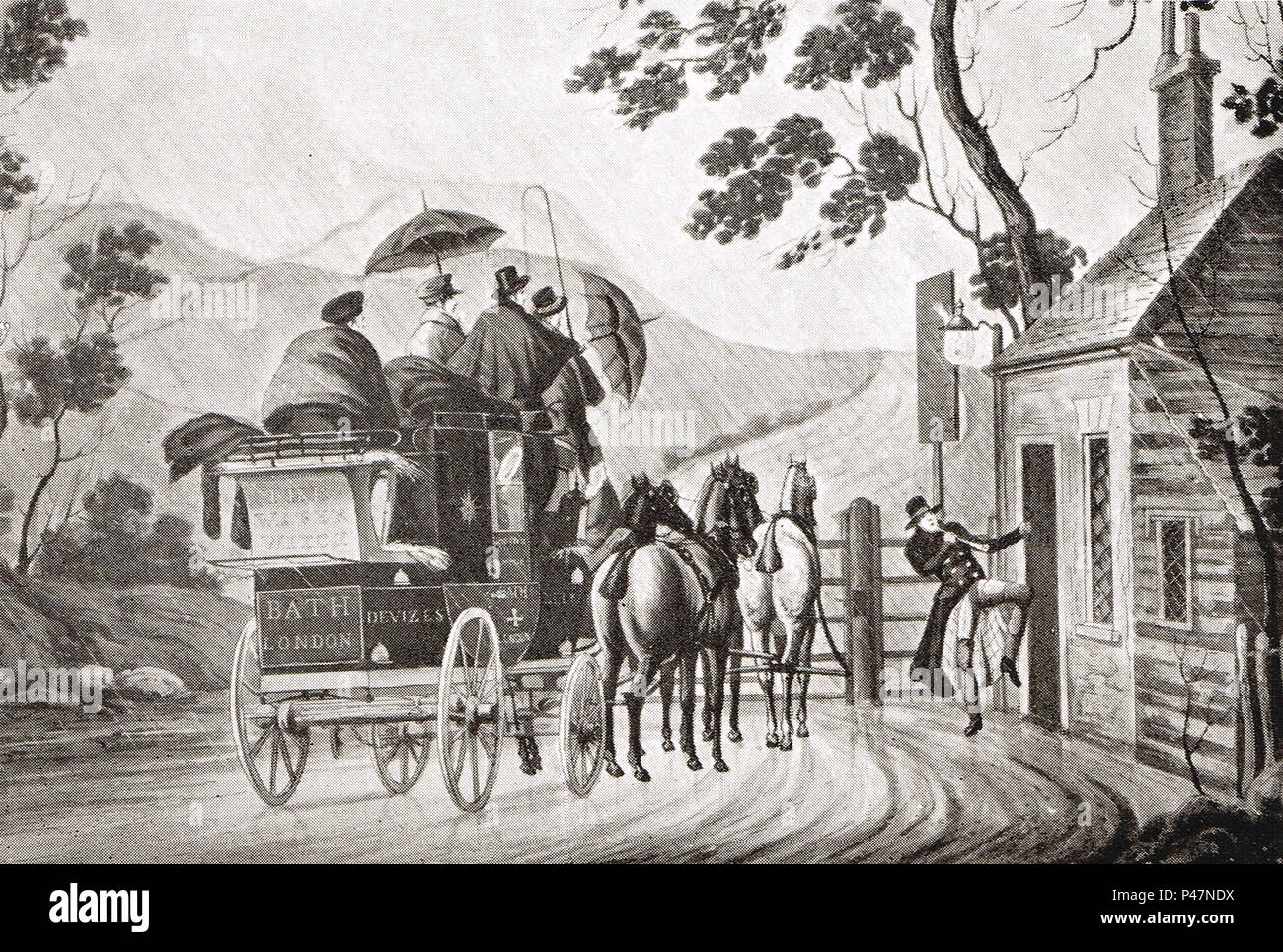 Aufwachen zu einem schlafen Toll Gate Keeper, um 1830, Stockfoto