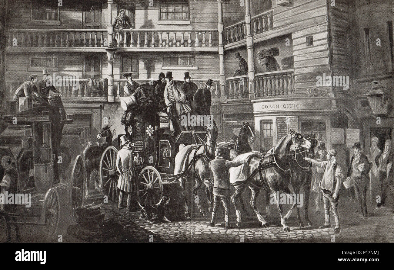Glasgow mail Coach, Verlassen der Stier und Mund, Coaching Inn in der City von London, um 1830 Stockfoto
