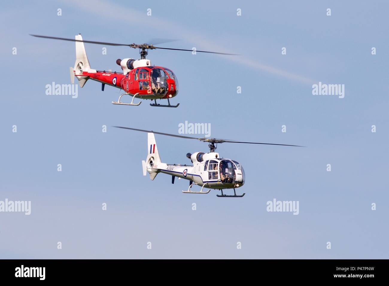 Zwei Westland Gazelle Hubschrauber ZB 627 & XZ 934 von der Gazelle sqn zusammen fliegen an Shuttleworth Fly Navy Airshow in Old Warden am 3. Juni 2018 Stockfoto