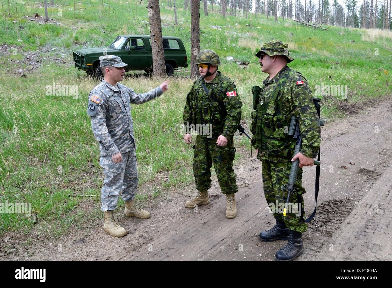 ENGLISH/ANGLAIS WA 2016-0025-04 13 Juni 2016 Kapitän Sherwood von US National Guard spricht mit Task Force 41 Kommandeur, Oberstleutnant Eric Gilson und Task Force Sergeant Major, Chief Warrant Officer Robert Prospero im Custer State Park in South Dakota während der Übung GOLDEN COYOTE 16 Am 13. Juni 2016. 240 Kanadische Armee Reservisten von 41 kanadischen Brigade Group (41 CBG) wird in der Übung GOLDEN COYOTE 2016 in South Dakota teilnehmen, von Juni 11 bis 23, 2016. Rund 4000 Soldaten aus Kanada, Dänemark, Singapur, Suriname, dem Vereinigten Königreich und den Vereinigten Stat Stockfoto