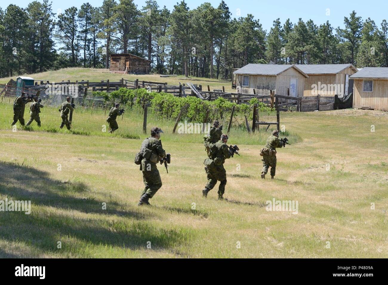 ENGLISH/ANGLAIS WA 2016-0028-05 16 Juni 2016 Mitglieder der Task Force 41 Verhalten Urban Warfare Training in South Dakota während der Übung GOLDEN COYOTE 16 Am 15. Juni 2016. 240 Kanadische Armee Reservisten von 41 kanadischen Brigade Group (41 CBG) wird in der Übung GOLDEN COYOTE 2016 in South Dakota teilnehmen, von Juni 11 bis 23, 2016. Rund 4000 Soldaten aus Kanada, Dänemark, Singapur, Suriname, dem Vereinigten Königreich und den Vereinigten Staaten zusammenarbeiten, um wertvolle Erfahrungen sowie die Interoperabilität zwischen den Alliierten Militärs demonstrieren. Stockfoto