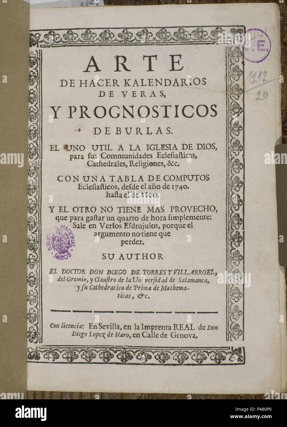 ARTE DE HACER DE VERAS CALENDARIOS Y DE PRONOSTICOS BURLAS - Siglo XVIII. Autor: Diego de Torres Villarroel (1693-1770). Lage: Biblioteca Nacional - COLECCION, MADRID, SPANIEN. Stockfoto