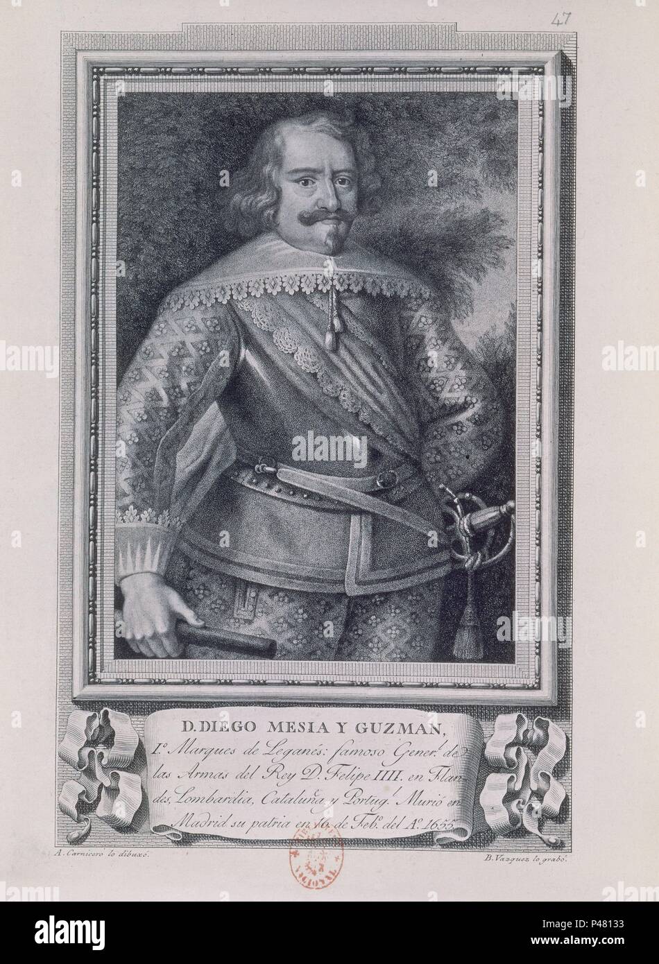 DIEGO MESIA Y GUZMAN-1655 - GENERAL DE LA ARMADA - MARQUES DE LEGANES - GRABADO POR B VAZQUEZ. Autor: Antonio Carnicero (1748-1814). Lage: Biblioteca Nacional - COLECCION, MADRID, SPANIEN. Stockfoto