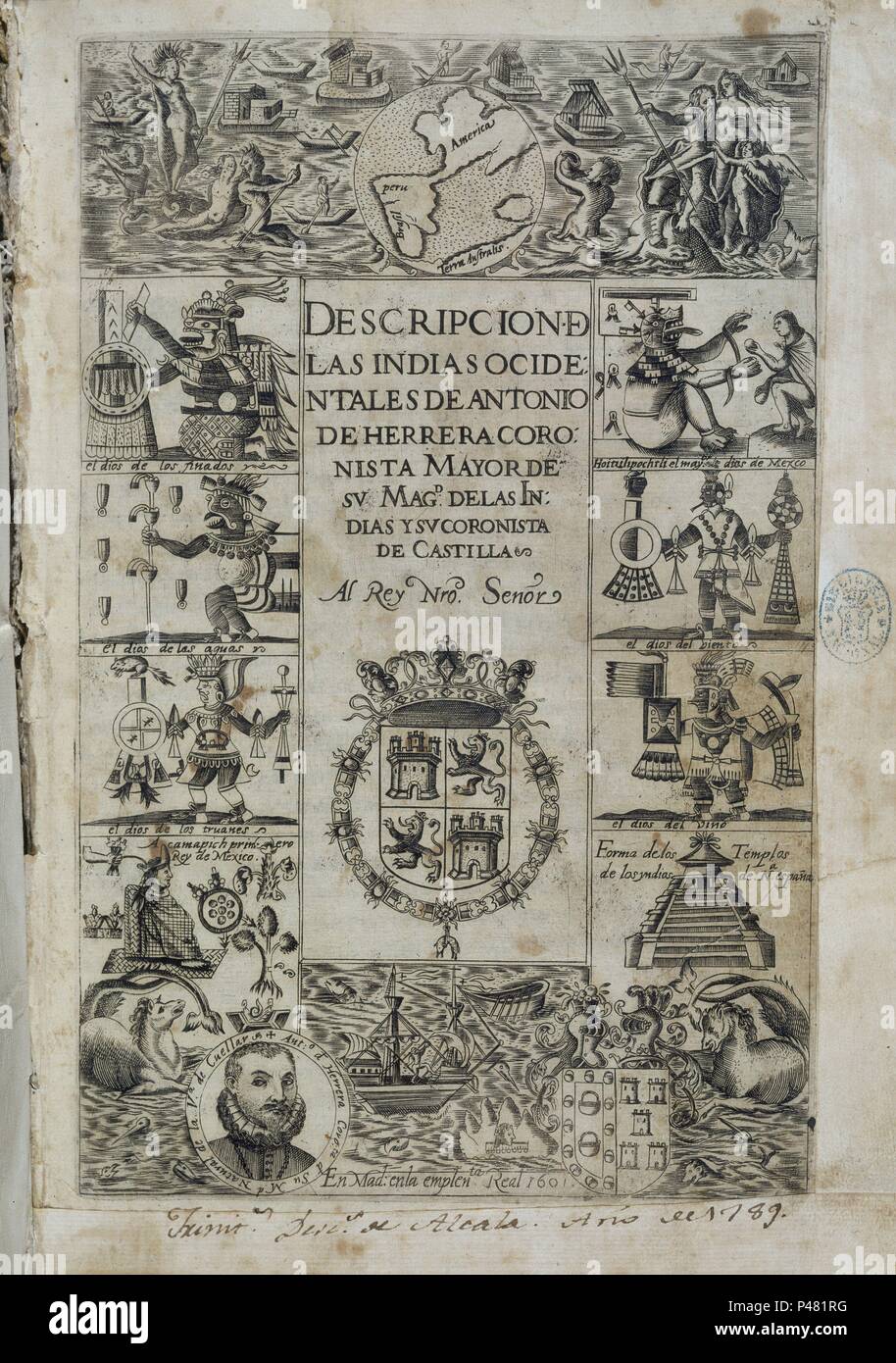 DESCRIPCION DE LAS INDIAS OCIDENTALES - PORTADA. Autor: Antonio Herrera y Rueda (1549-1625). Lage: Biblioteca Nacional - COLECCION, MADRID, SPANIEN. Stockfoto