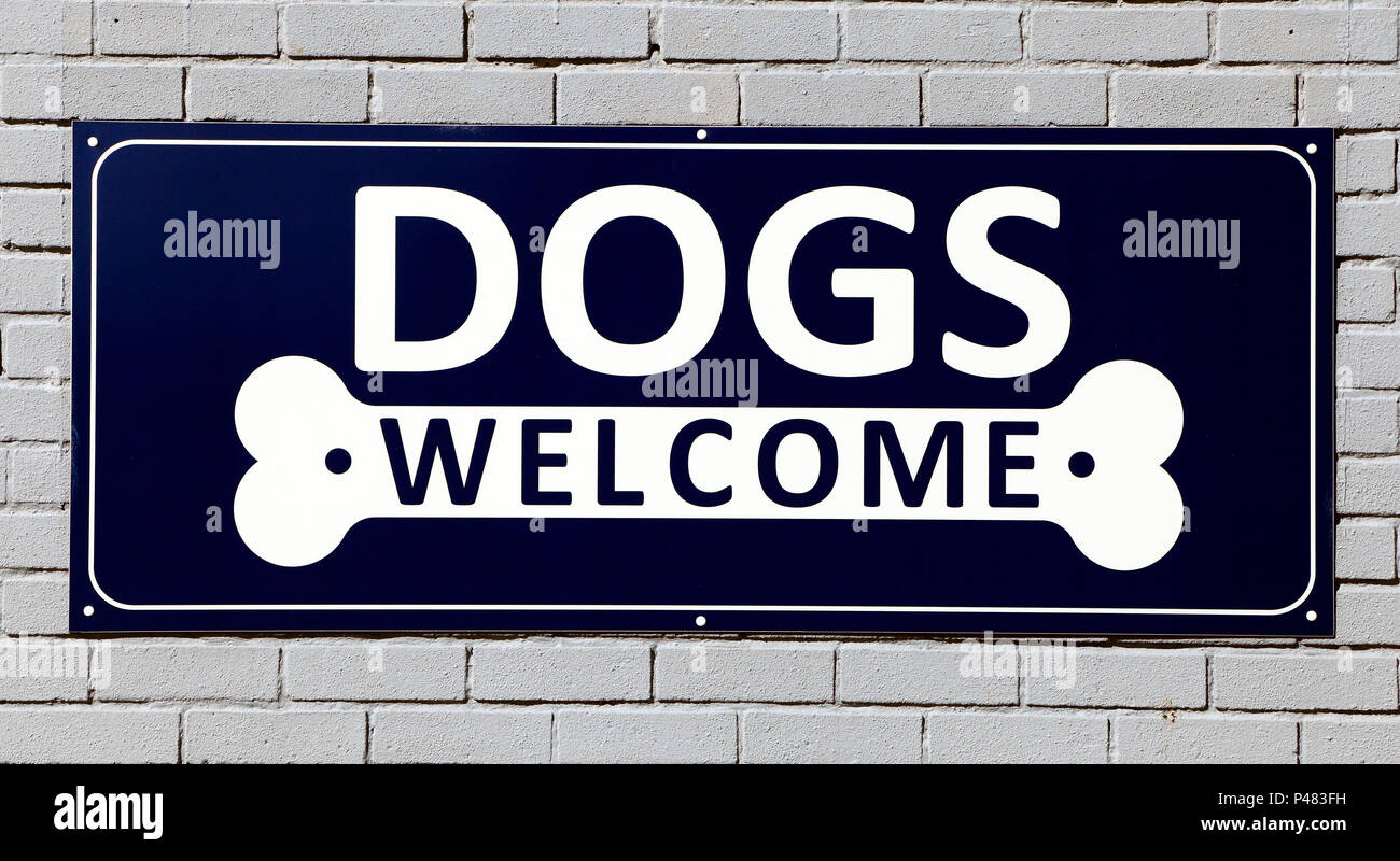 Hunde sind Willkommen, Zeichen, Hunstanton, England, UK, Cafe, Zeichen Stockfoto