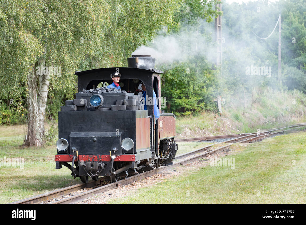 Eine Lokomotive der Chemin de Fer Schmalspur Dampfeisenbahn an der Rille im Pays de la Loire. Stockfoto