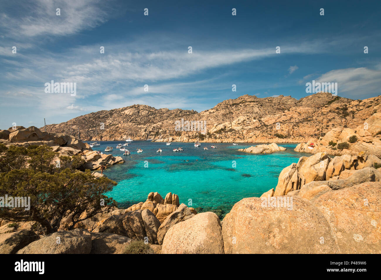 Viele Boote ankern in wunderschönen Cala Coticcio auf der italienischen Insel Caprera Stockfoto