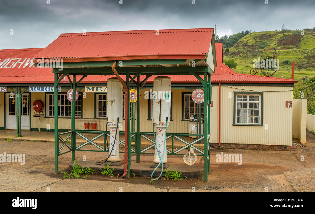 Pilgrims Rest, Südafrika - ein Vintage Kraftstoff- und Servicestation in diesem historischen Goldgräberstadt ist eine beliebte Touristenattraktion Stockfoto