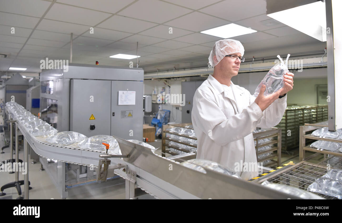 Arbeitnehmer in sterilen Schutzkleidung für die Kontrolle der Qualität von Insulin Infusion Taschen in einer Fabrik Stockfoto