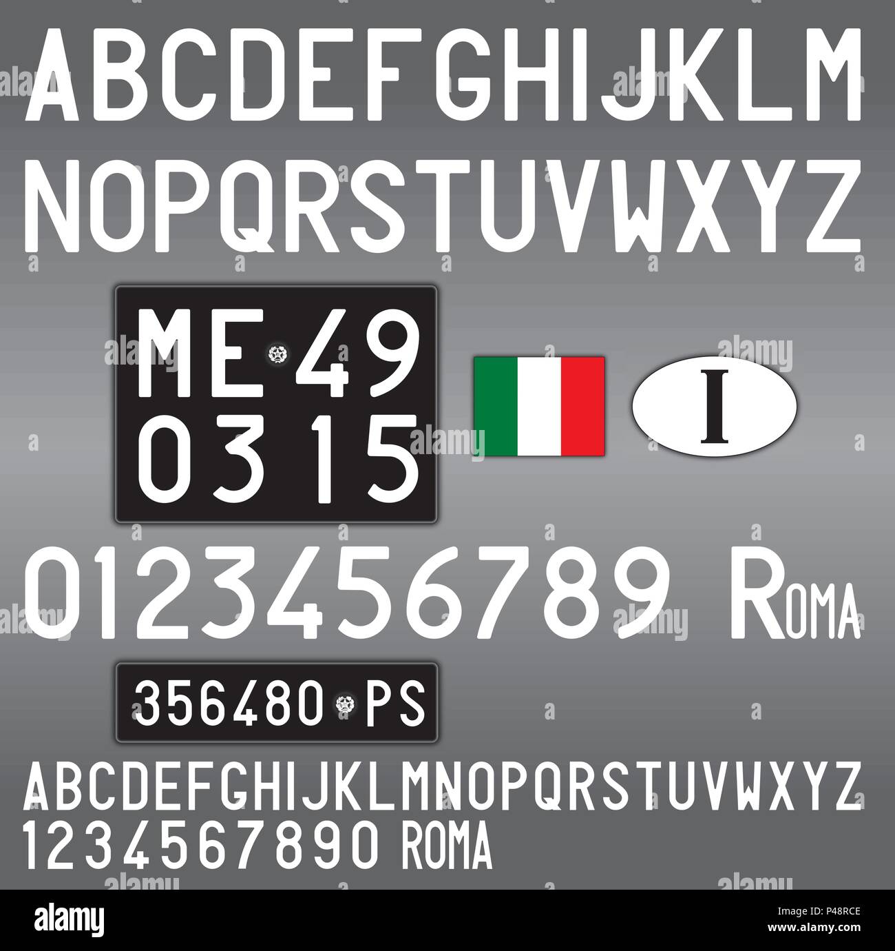 Italien altes Auto Nummernschild, Buchstaben, Zahlen und Symbole, vintage Stock Vektor