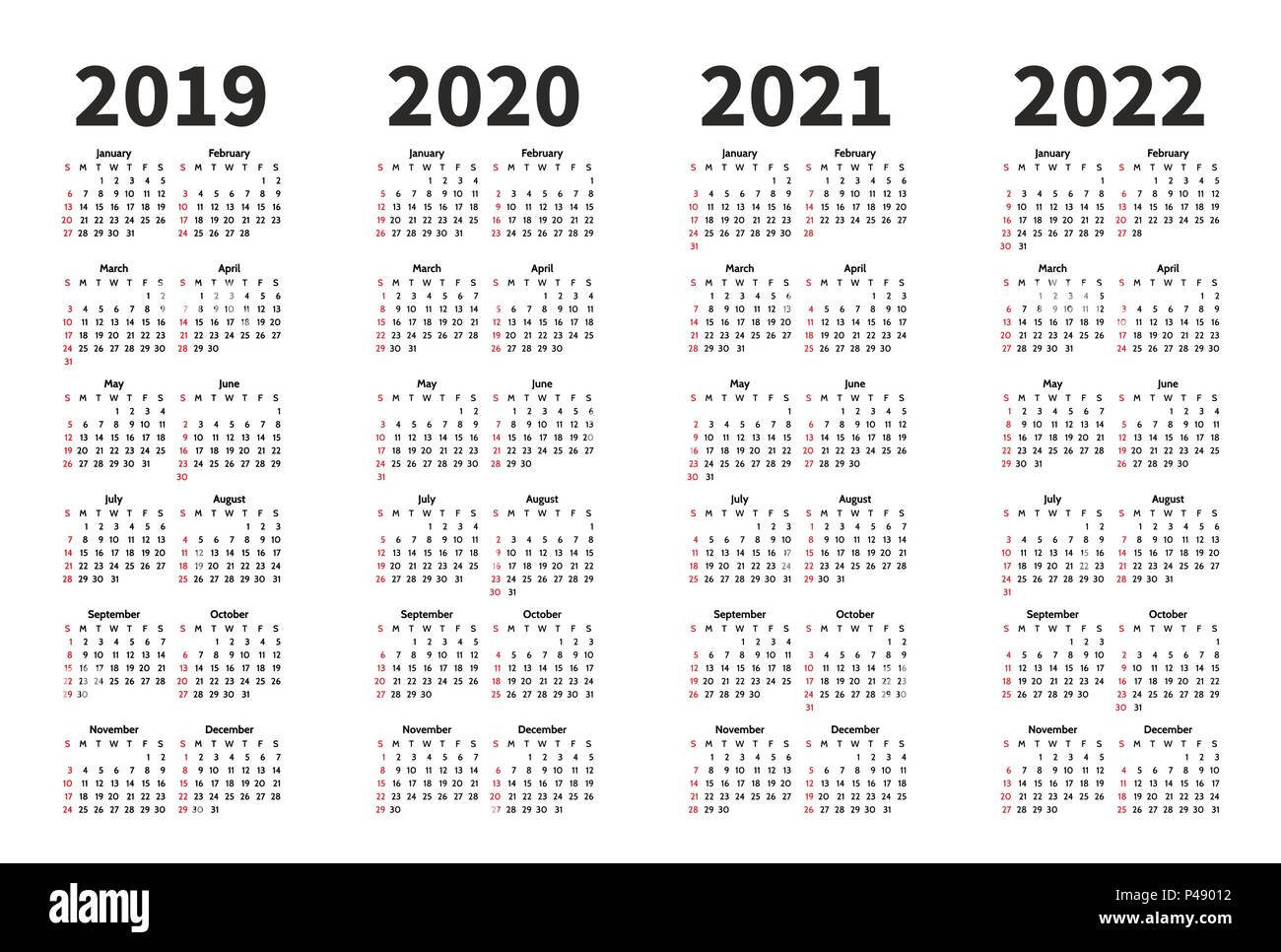 Kalender 2019 2020 2021 Und 2022 Jahr Vektor Design Vorlage Einfache Minimalizm Stil Woche Beginnt Ab Sonntag Hochformat Satz Von 12 Monaten Stock Vektorgrafik Alamy kalender 2019 und 2021