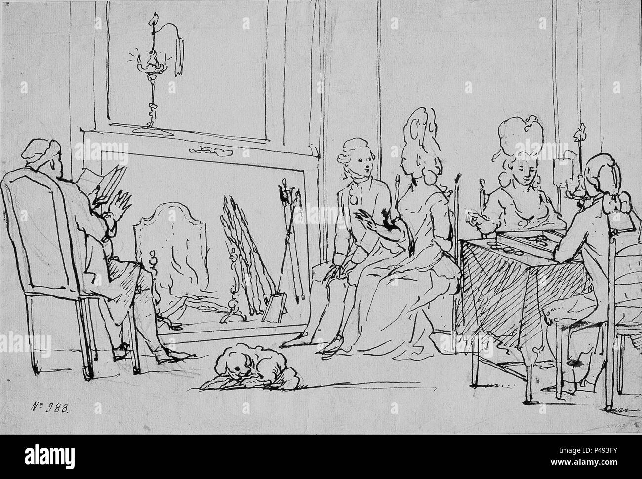 LA VELADA - LECTURA-GALANTEO-TRIC-TRAC - Siglo XVIII. Autor: Manuel Tramulles i Roig (1715-1791). Lage: Museu Nacional d'Art de Catalunya, Barcelona, Spanien. Stockfoto