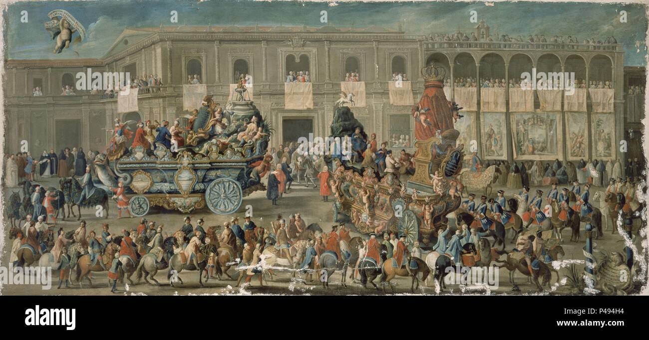 CARRO DEL VICTOR Y DEL PARNASO - PROCLAMACION DE FERNANDO VI Y BARBARA DE BRAGANZA - 1746. Autor: Domingo Martínez (1688-1749). Lage: das Museo DE BELLAS ARTES - CONVENTO DE LA MERCED CALZAD, SPANIEN. Stockfoto