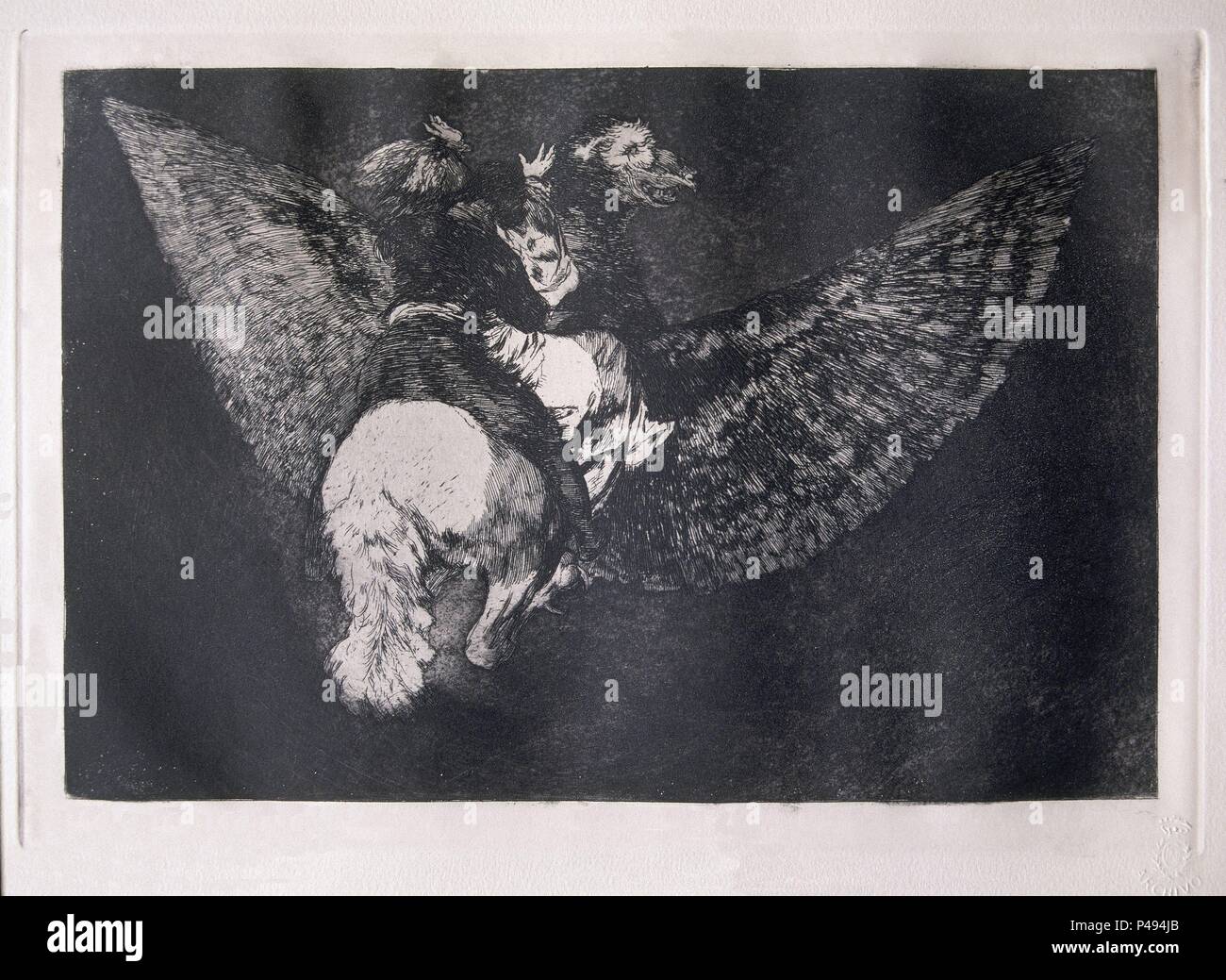 Winged Unsinn, Platte 5 von "Sprüche" - 1815/23 - 24,8 x 36 cm, Radierung und Aquatinta. Autor: Francisco de Goya (1746-1828). Lage: Biblioteca Nacional - COLECCION, MADRID, SPANIEN. Auch als: LOS DISPARATES O LOS PROVERBIOS bekannt. Stockfoto