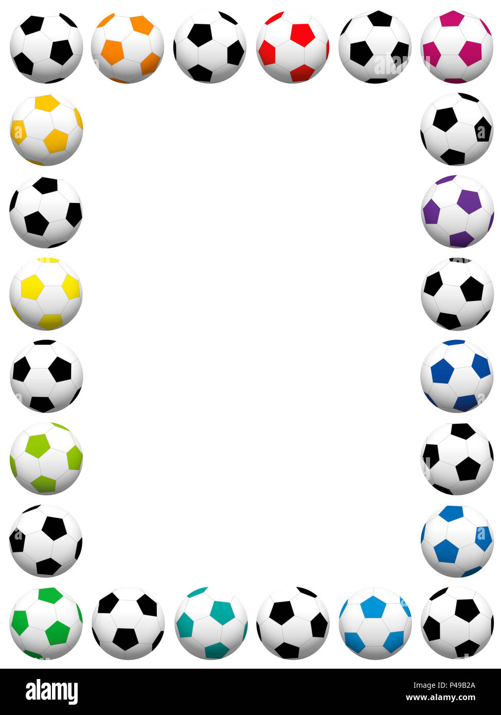 Fußball-Kugeln. Bunte vertikale Rahmen - Abbildung auf weißen Hintergrund. Stockfoto