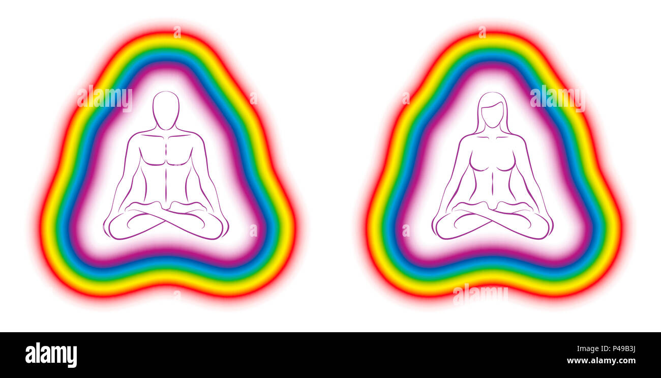 Meditieren Paar in Yoga Position mit bunten subtile Körper oder Aura - Bild auf weißem Hintergrund. Stockfoto