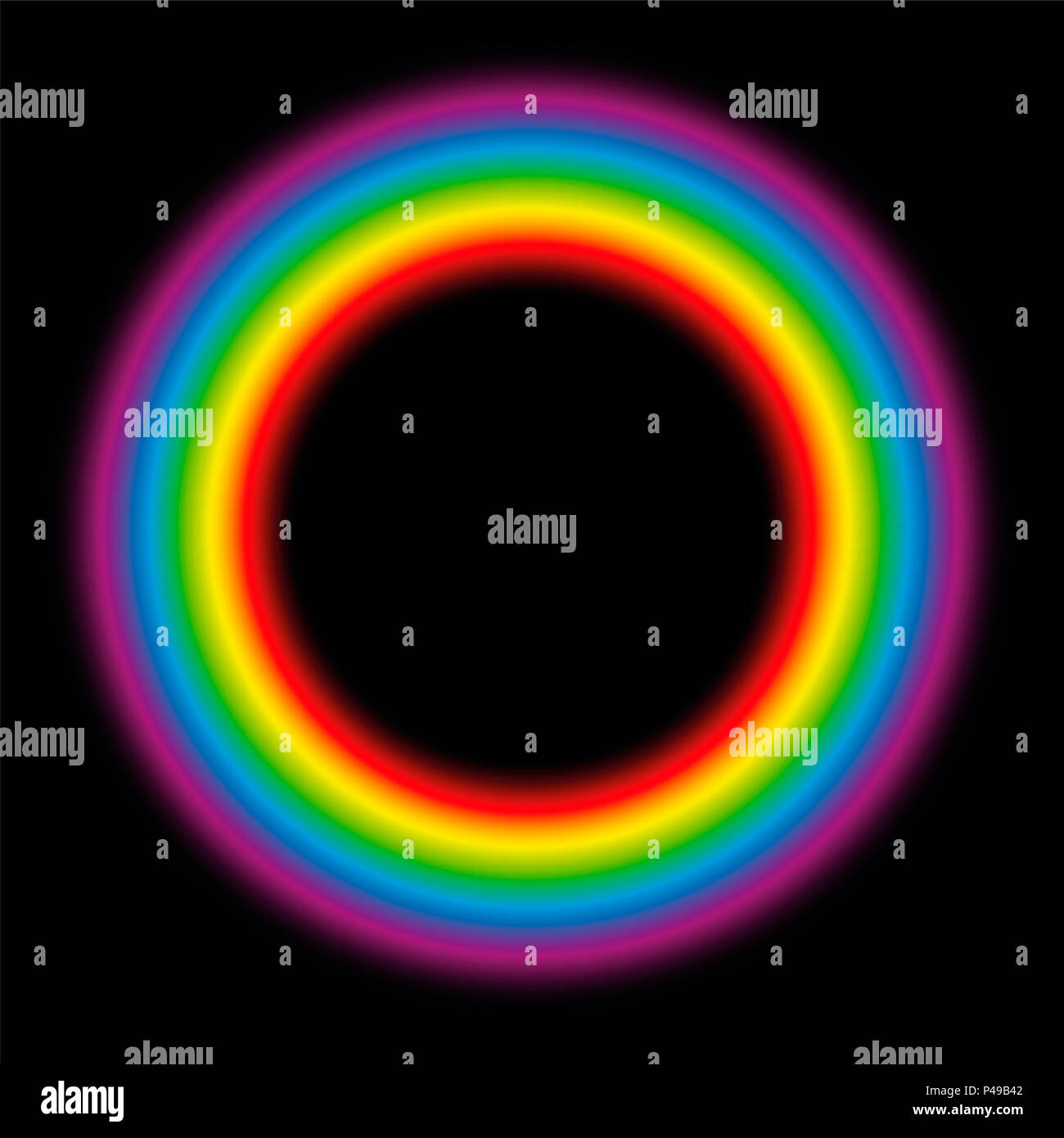 Subtile Körper Kreis. Leuchtenden Regenbogen Farbverlauf aura Ring - Abbildung auf schwarzen Hintergrund. Stockfoto