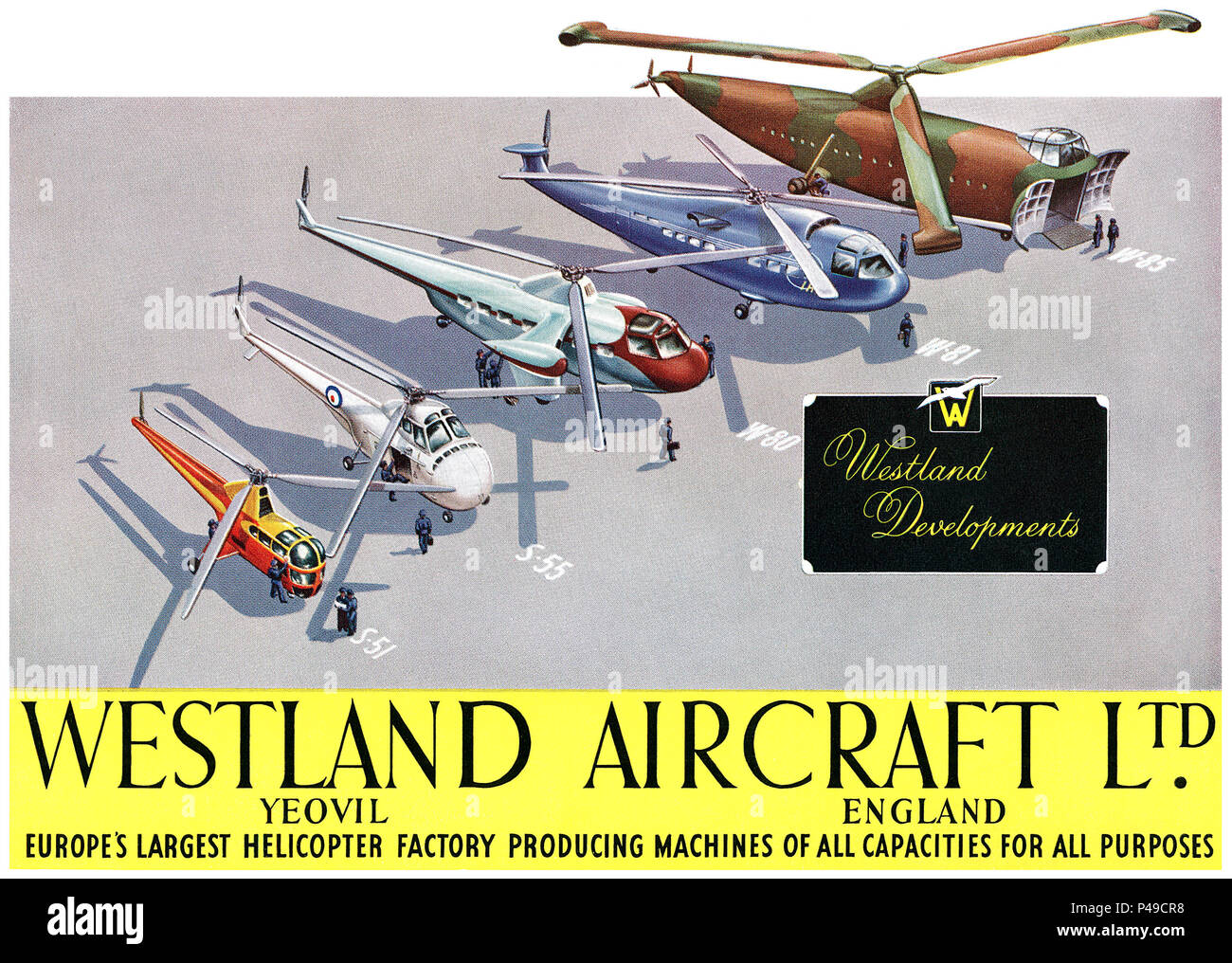 1951 britischen Werbung für Westland Aircraft Hubschrauber, die S-51, S-55 Wirbelwind, und die W-80, W-81 und W-85, die Vorschläge nur. Stockfoto