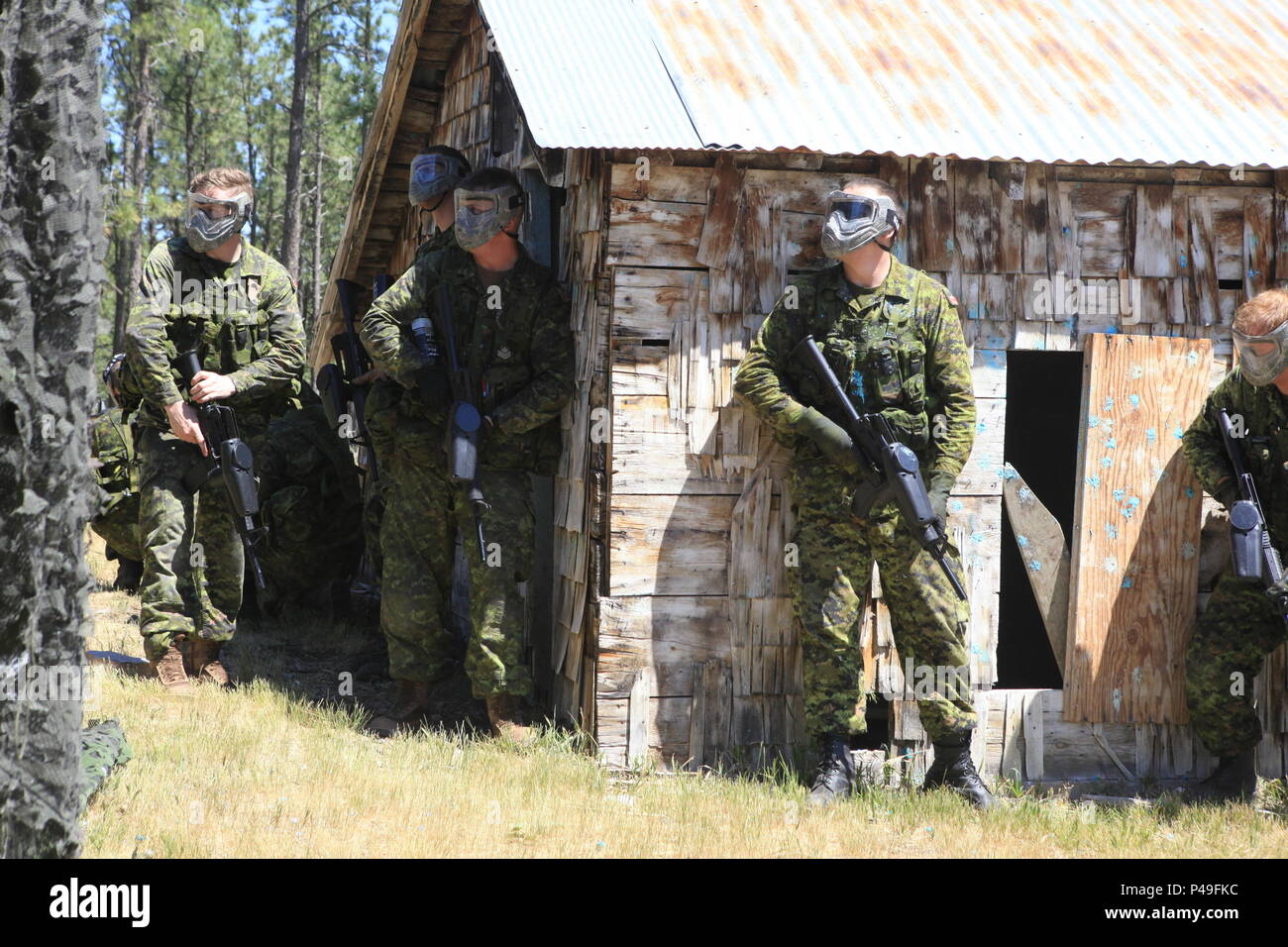 Kanadische Streitkräfte Taskforce 41, 1515 Feld Krankenwagen zugeordnet, und die Calgary Highlanders inter und klare Zimmer in einer simulierten urbanen Kriegsführung Betrieb während der Goldenen Coyote übung, West Camp Schnelle, S.D., 18. Juni 2016. Die goldenen Coyote Übung ist eine dreiphasige, Szenario-driven Übung in den Black Hills von South Dakota und Wyoming, mit dem Kommandanten auf der Mission wesentliche Anforderungen der Aufgabe, Krieger Aufgaben und Übungen zu konzentrieren. (U.S. Armee Foto von SPC. Bryant Abel/Freigegeben) Stockfoto