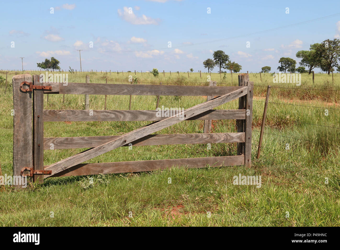 PRESIDENTE PRUDENTE, SP - 24.03.2015: FAZENDA KEINE MATO GROSSO DO SUL - Porteira em Fazenda de Gado de Corte na Cidade da Nova Andradina, MS. (Foto: André Chaco/Fotoarena) Stockfoto